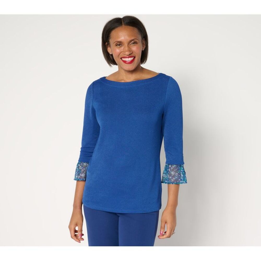 Isaac Mizrahi Live! Women's Top Plus Sz 2X Pebble Knit Printed Cuffs Blue